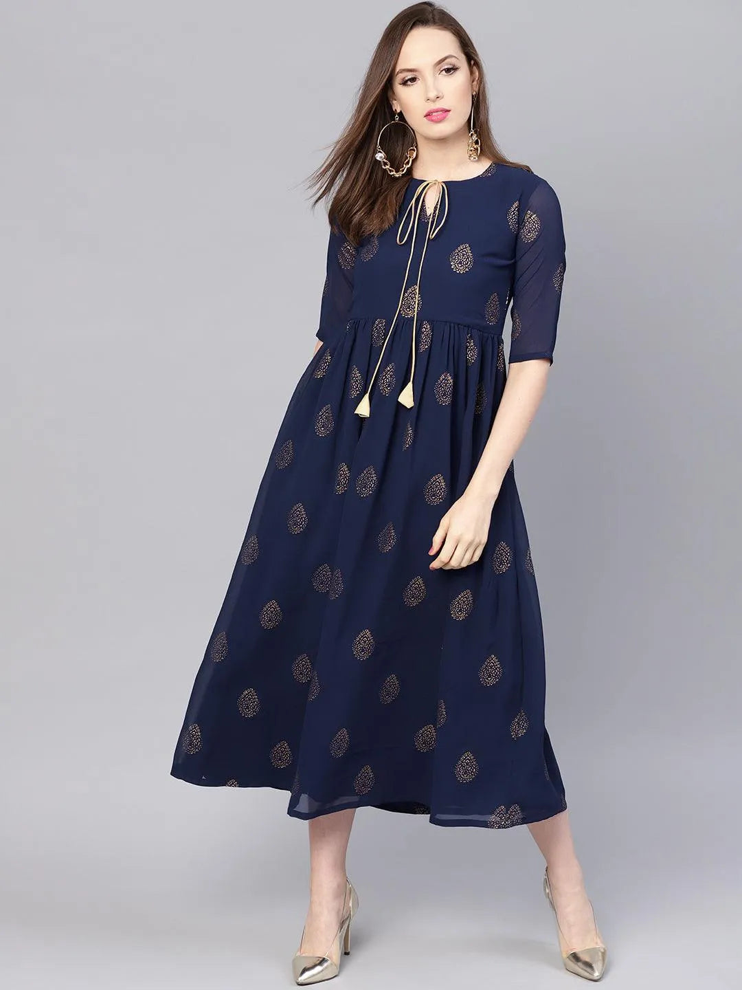 Blue Printed Polyester Dress - Libas 