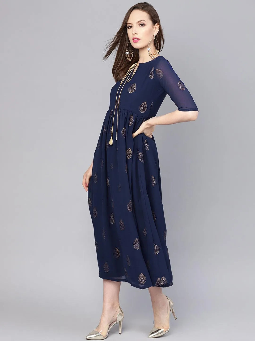 Blue Printed Polyester Dress - Libas 