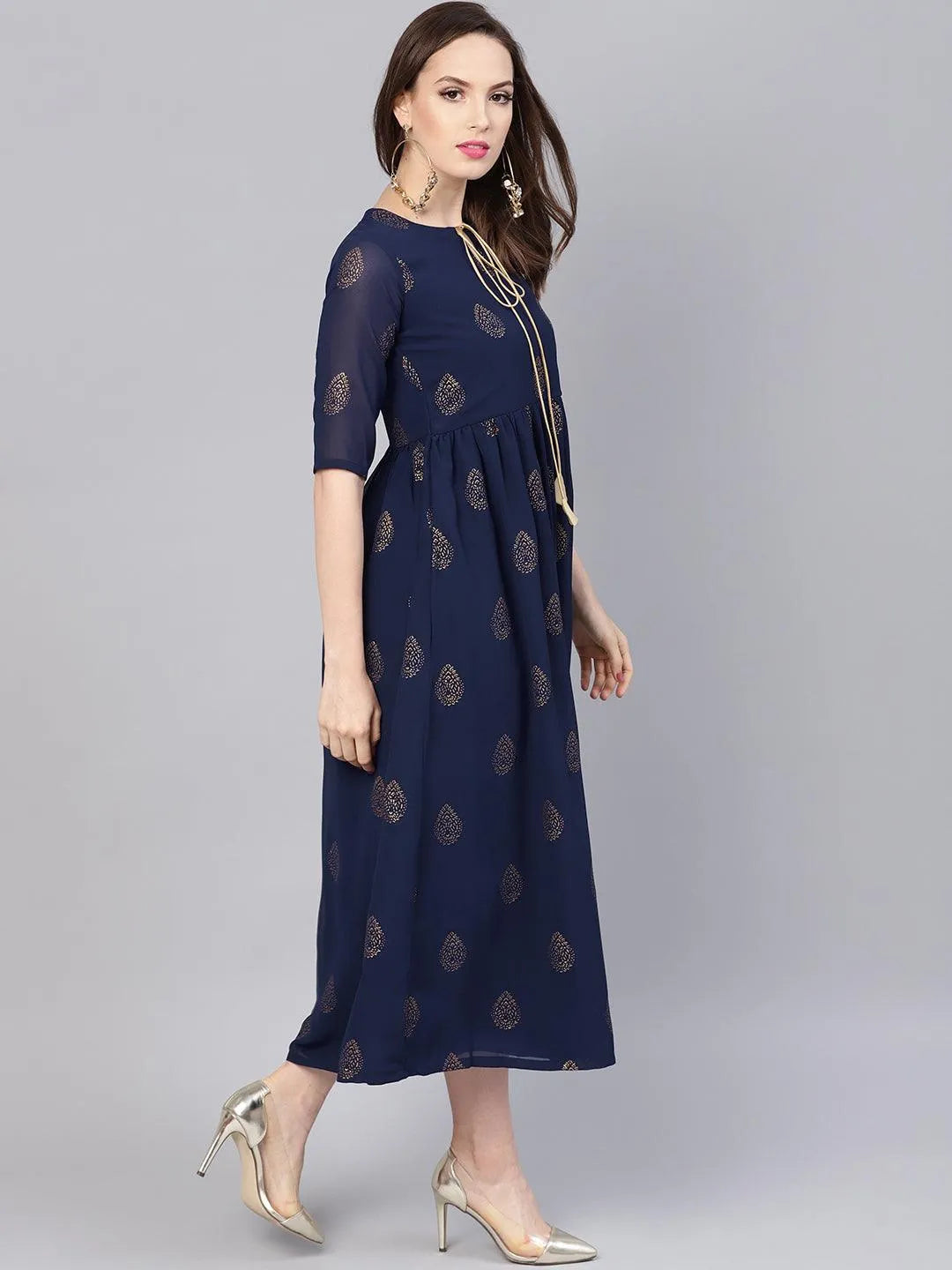 Blue Printed Polyester Dress - Libas 