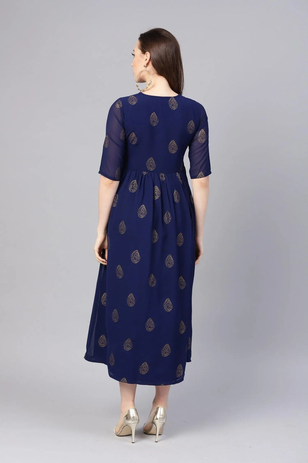 Blue Printed Polyester Dress - Libas 