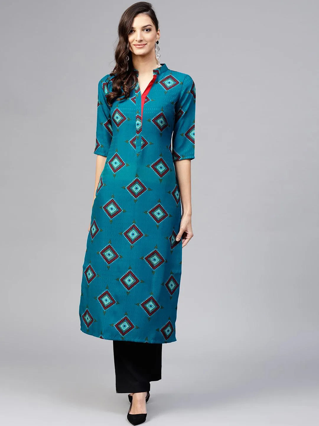 Blue Printed Polyester Kurta - Libas