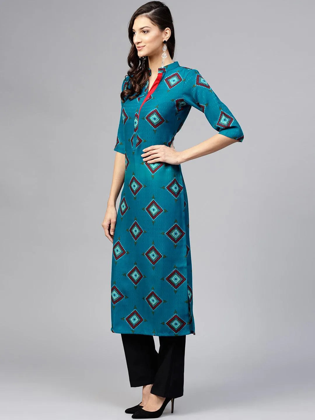 Blue Printed Polyester Kurta - Libas