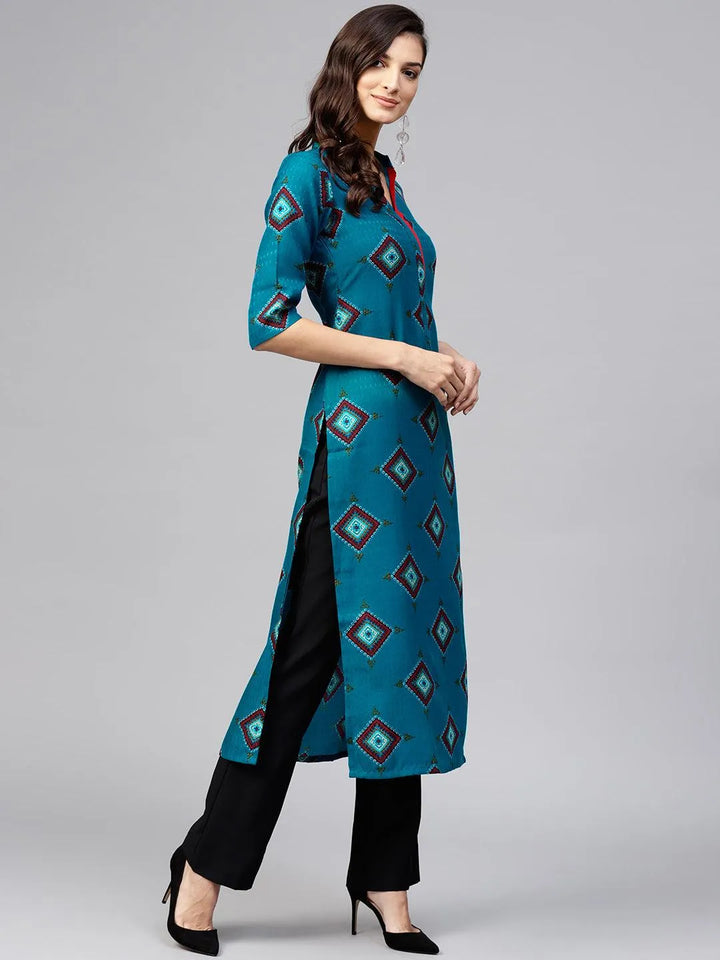 Blue Printed Polyester Kurta - Libas