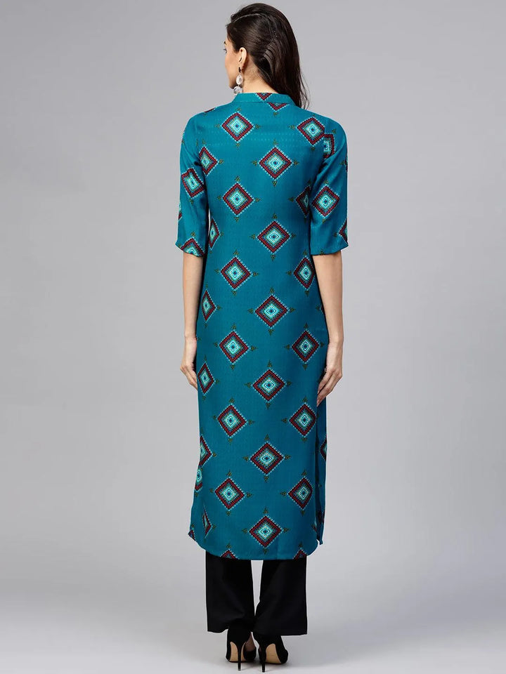 Blue Printed Polyester Kurta - Libas