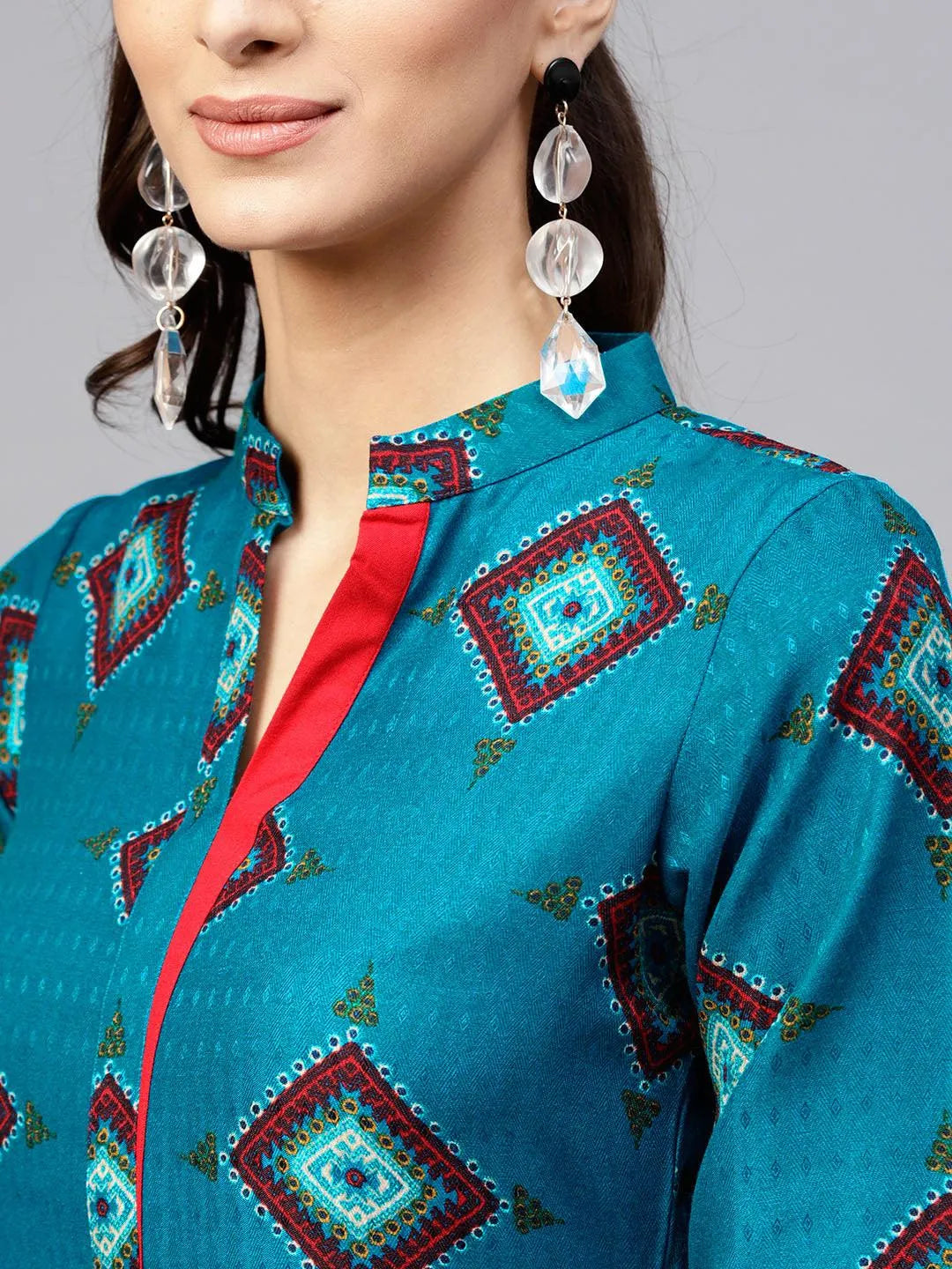 Blue Printed Polyester Kurta - Libas