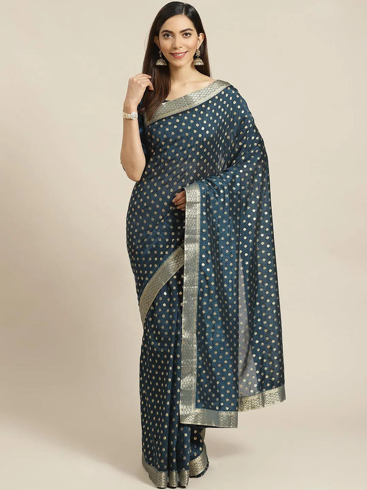 Blue Printed Polyester Saree - Libas