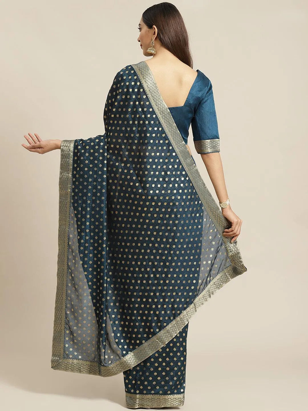 Blue Printed Polyester Saree - Libas