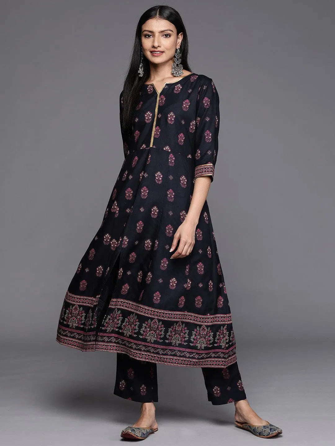 Blue Printed Rayon A-Line Kurta - Libas 