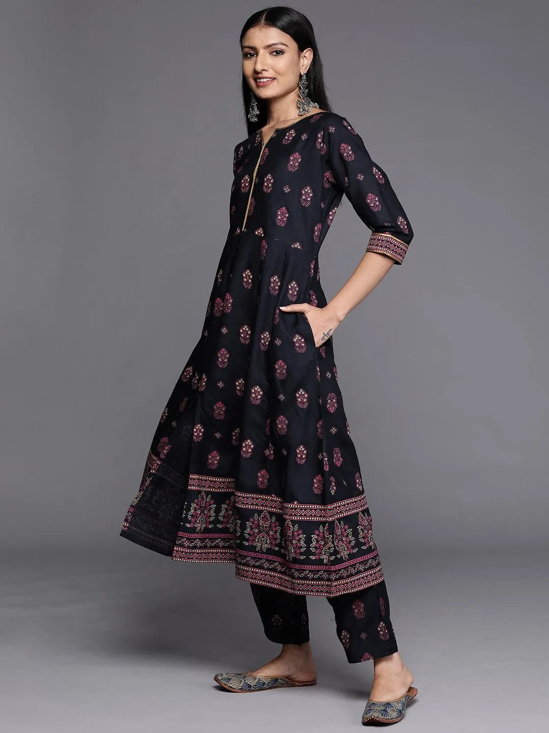 Blue Printed Rayon A-Line Kurta - Libas 