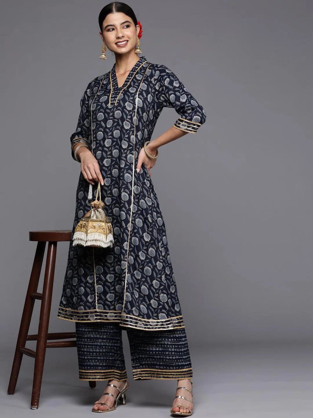 Blue Printed Rayon A-Line Kurta - Libas 