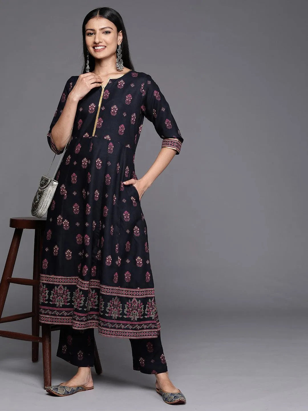 Blue Printed Rayon A-Line Kurta - Libas 