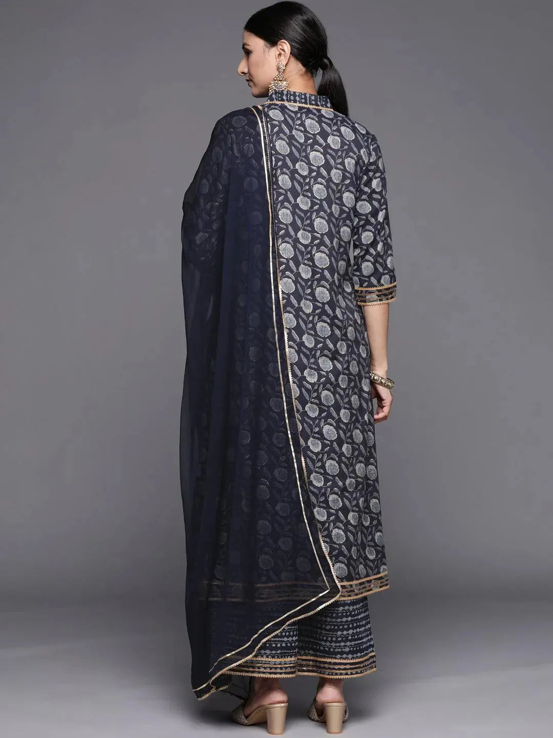 

Blue Printed Rayon A-Line Kurta With Palazzos & Dupatta