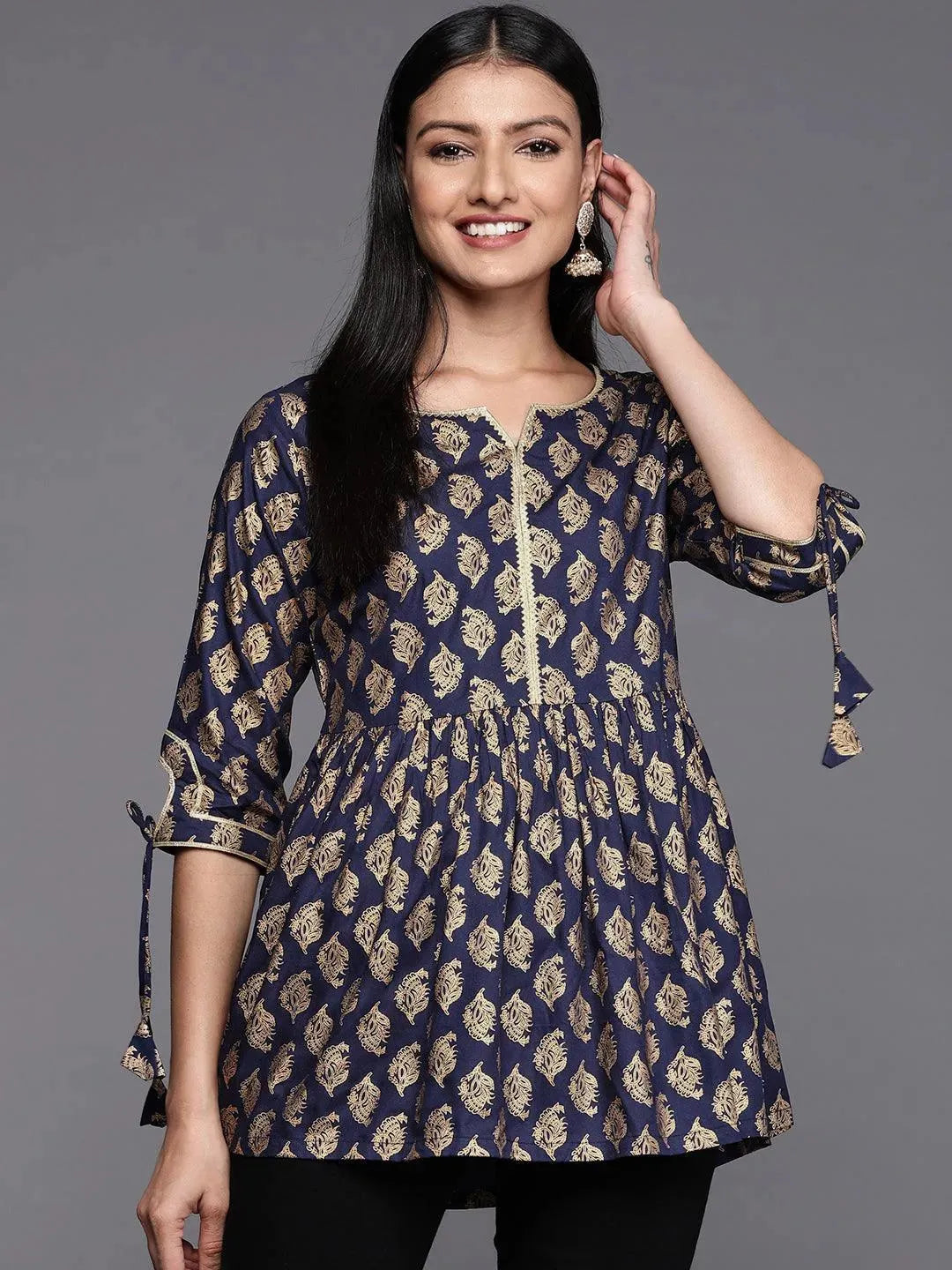 Blue Printed Rayon A-Line Kurti - Libas