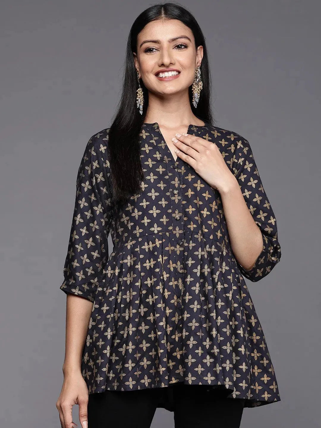 

Blue Printed Rayon A-Line Kurti