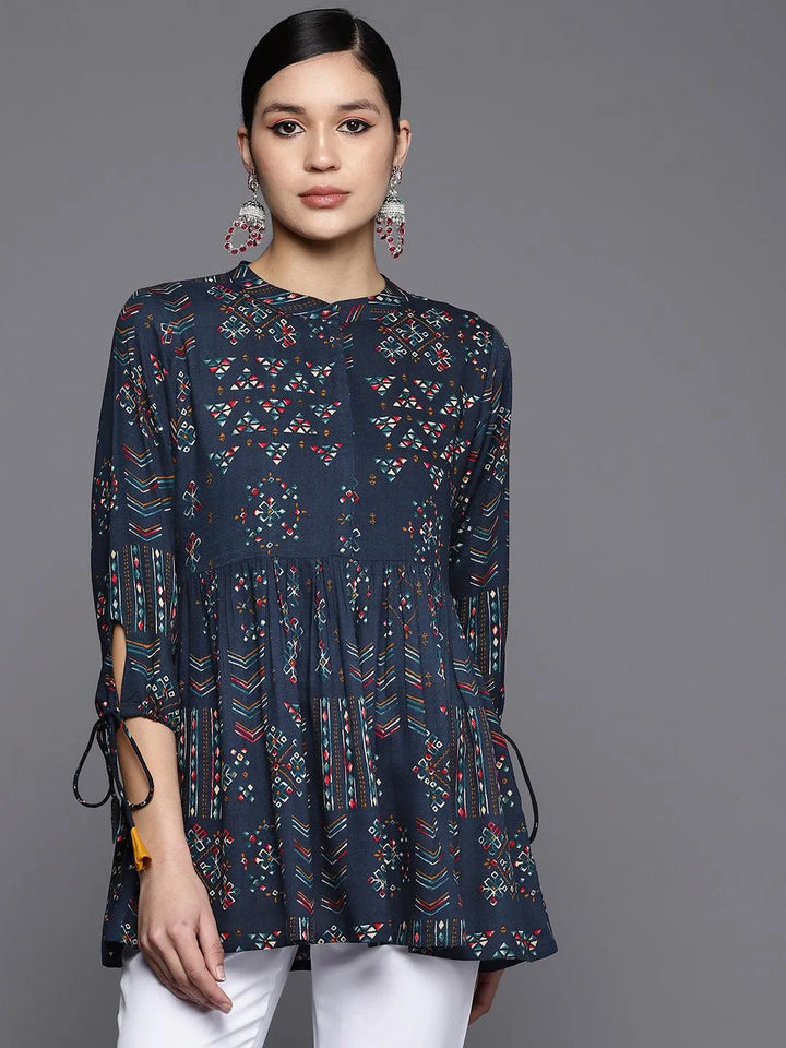 Blue Printed Rayon A-Line Kurti - Libas