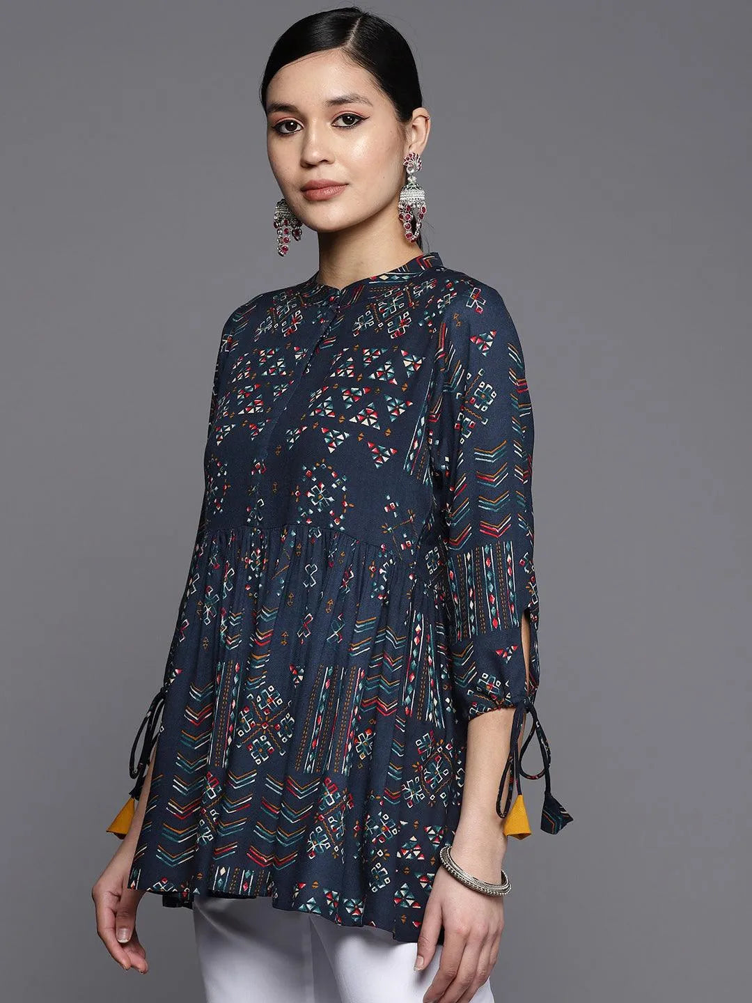 Blue Printed Rayon A-Line Kurti - Libas 