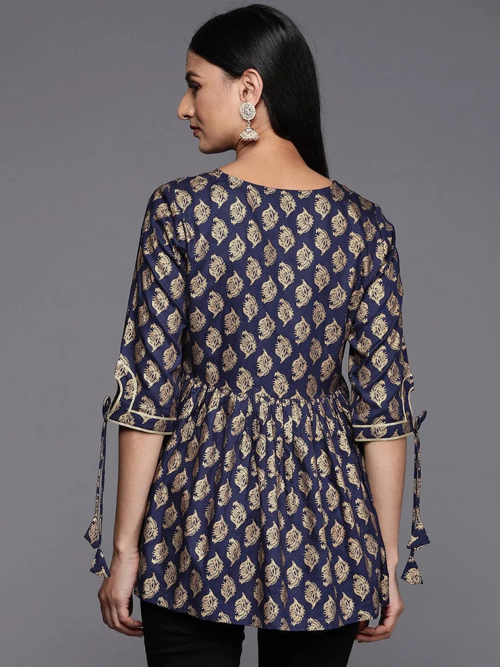 Blue Printed Rayon A-Line Kurti - Libas