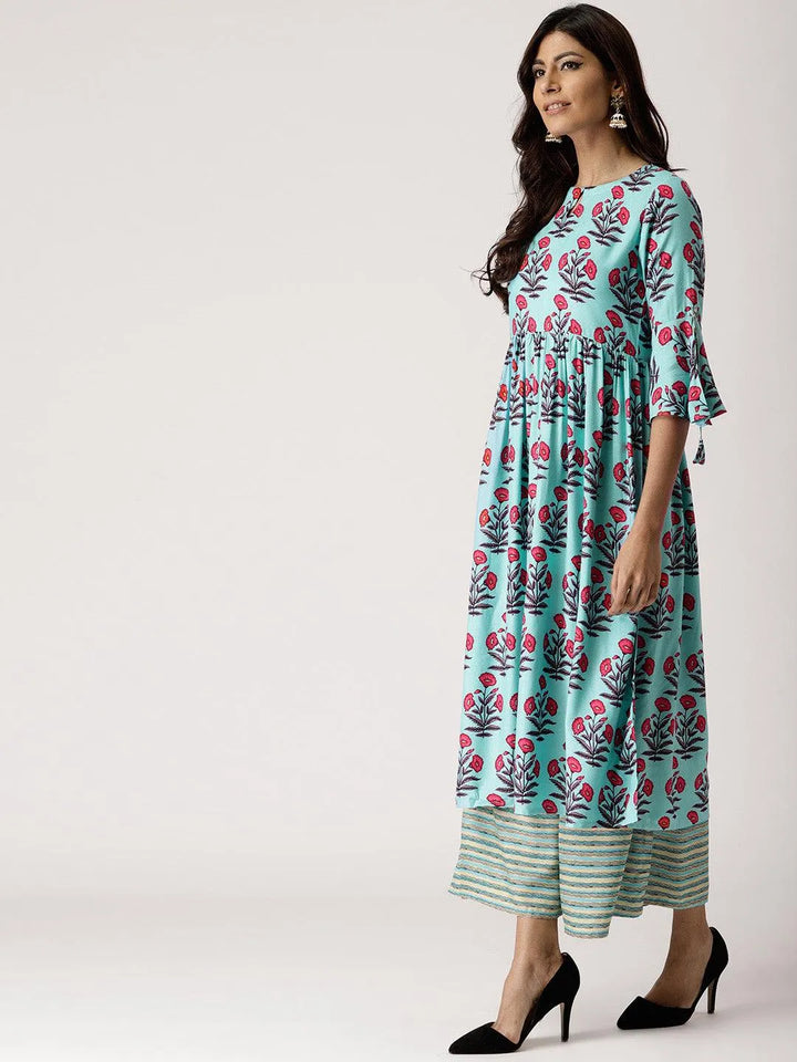 Blue Printed Rayon Kurta Set - Libas