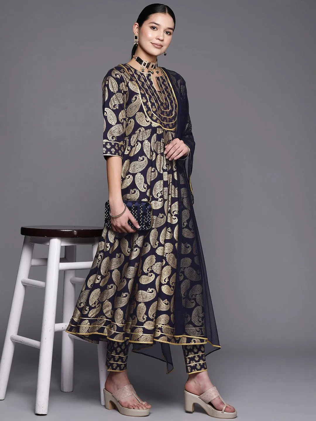 Blue Printed Rayon Anarkali Suit Set With Trousers - Libas 