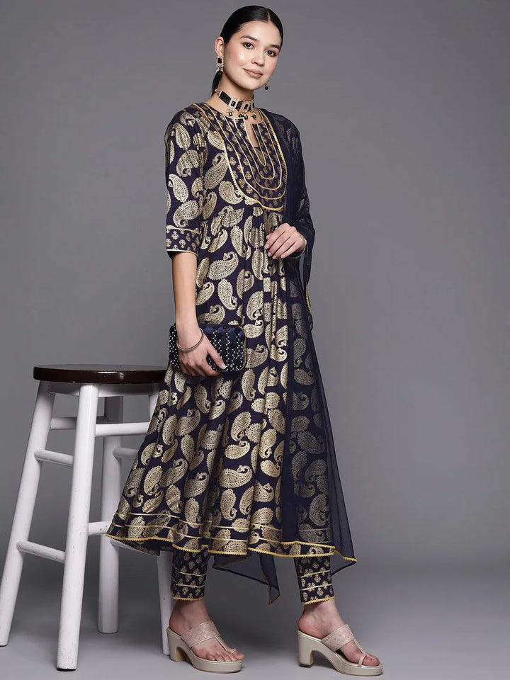 Blue Printed Rayon Anarkali Suit Set With Trousers - Libas