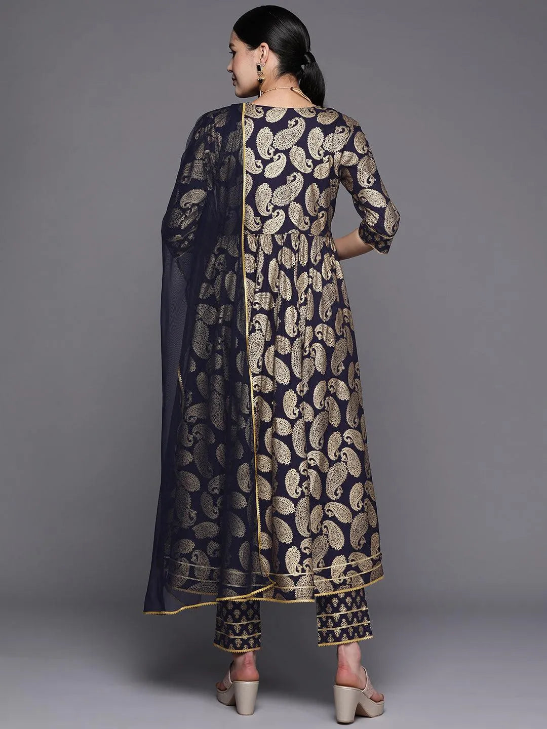 Blue Printed Rayon Anarkali Suit Set With Trousers - Libas 