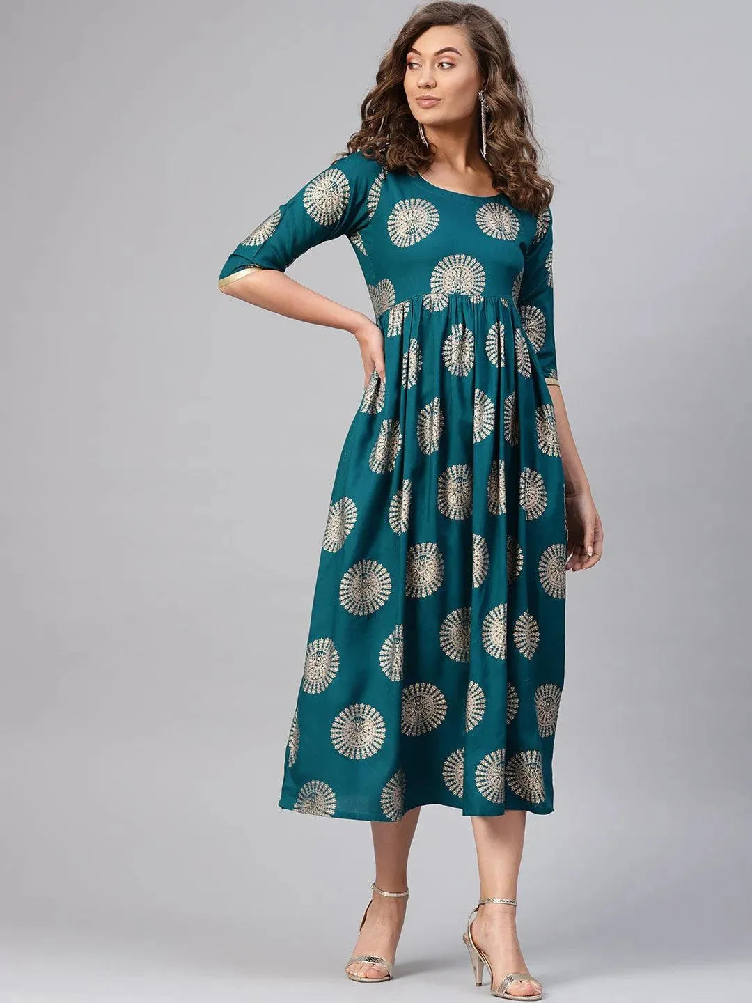 Blue Printed Rayon Dress - Libas 