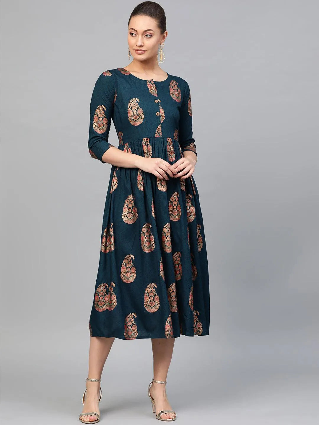 Blue Printed Rayon Dress - Libas 