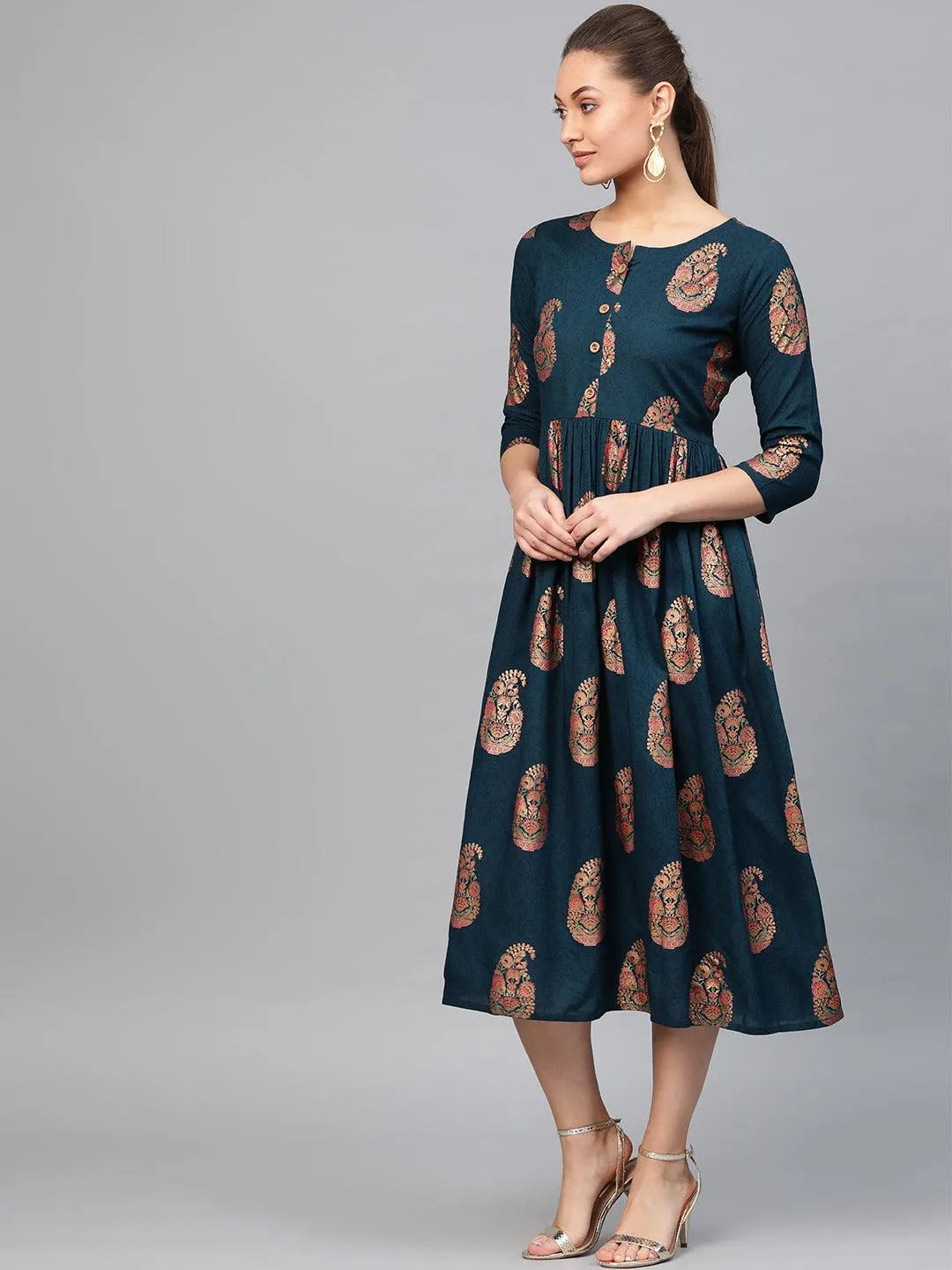 Blue Printed Rayon Dress - Libas 