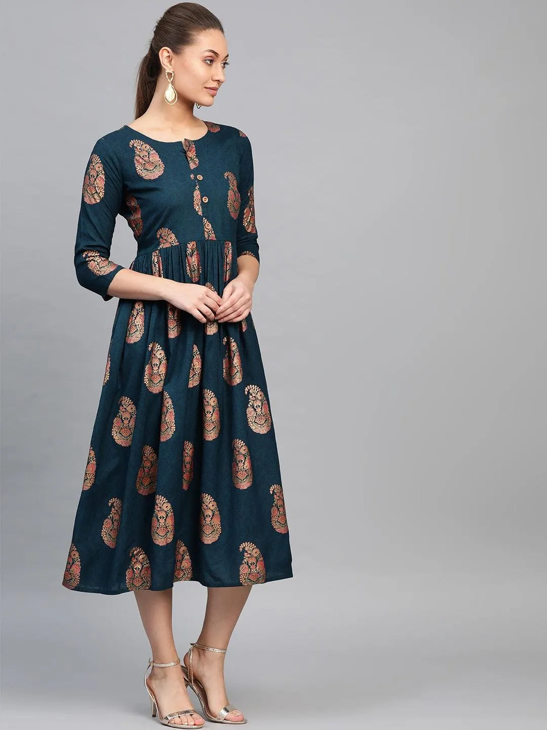 Blue Printed Rayon Dress - Libas 