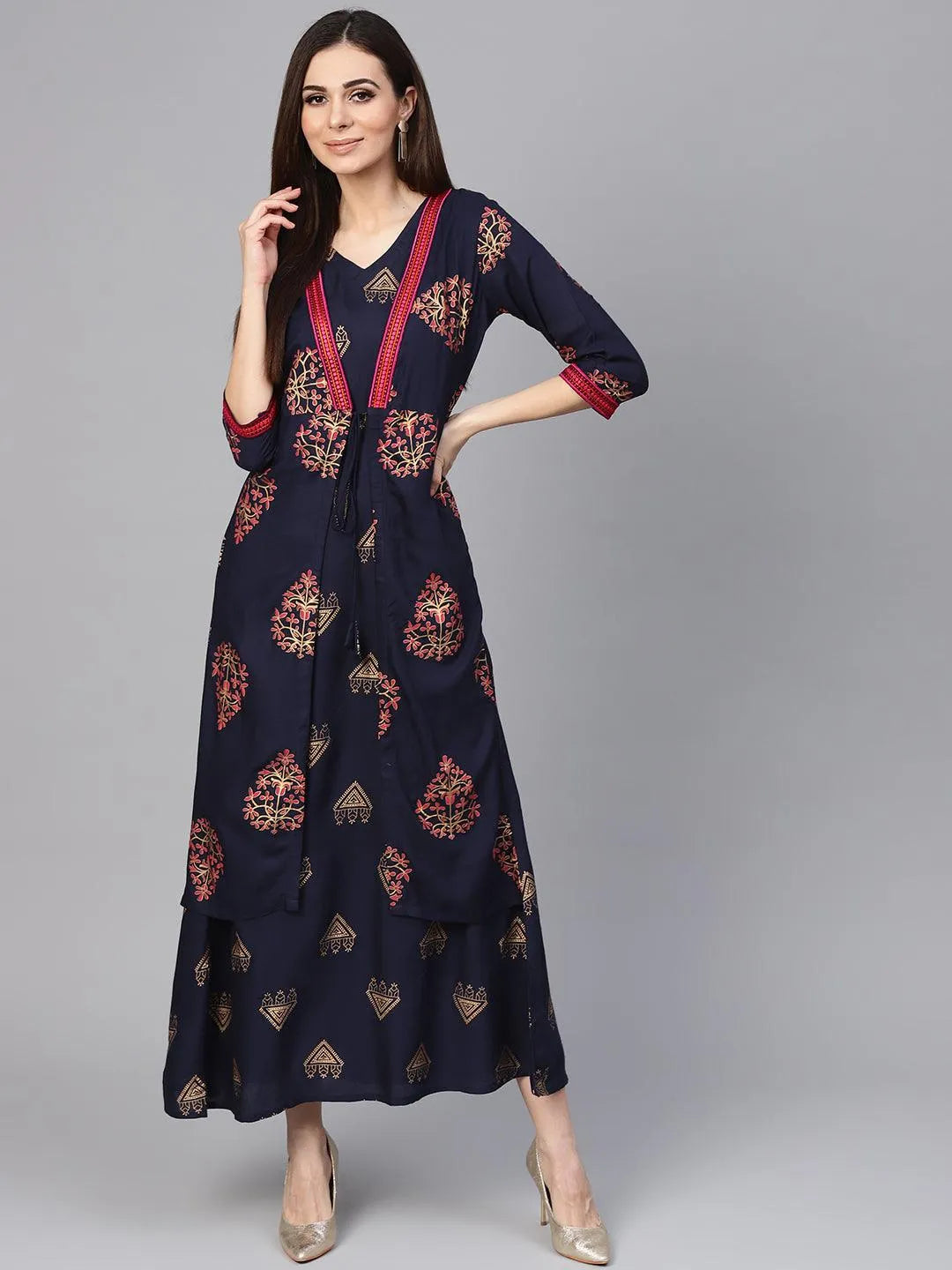 Blue Printed Rayon Dress With Jacket - Libas 