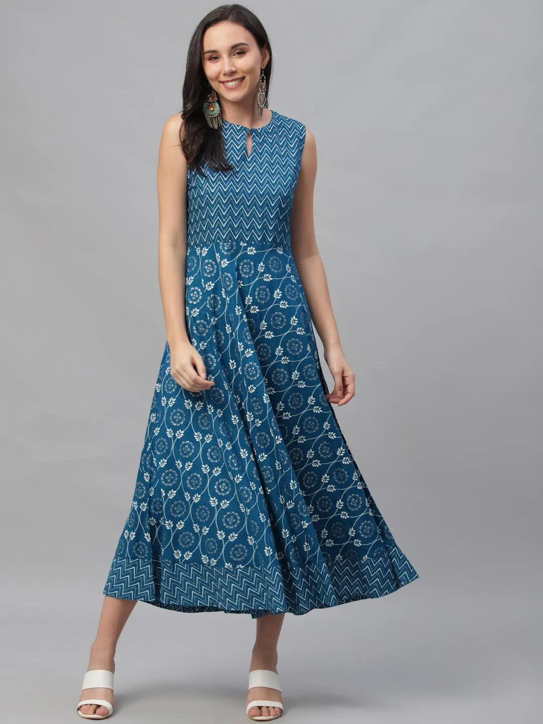 Blue Printed Rayon Dress With Jacket - Libas 