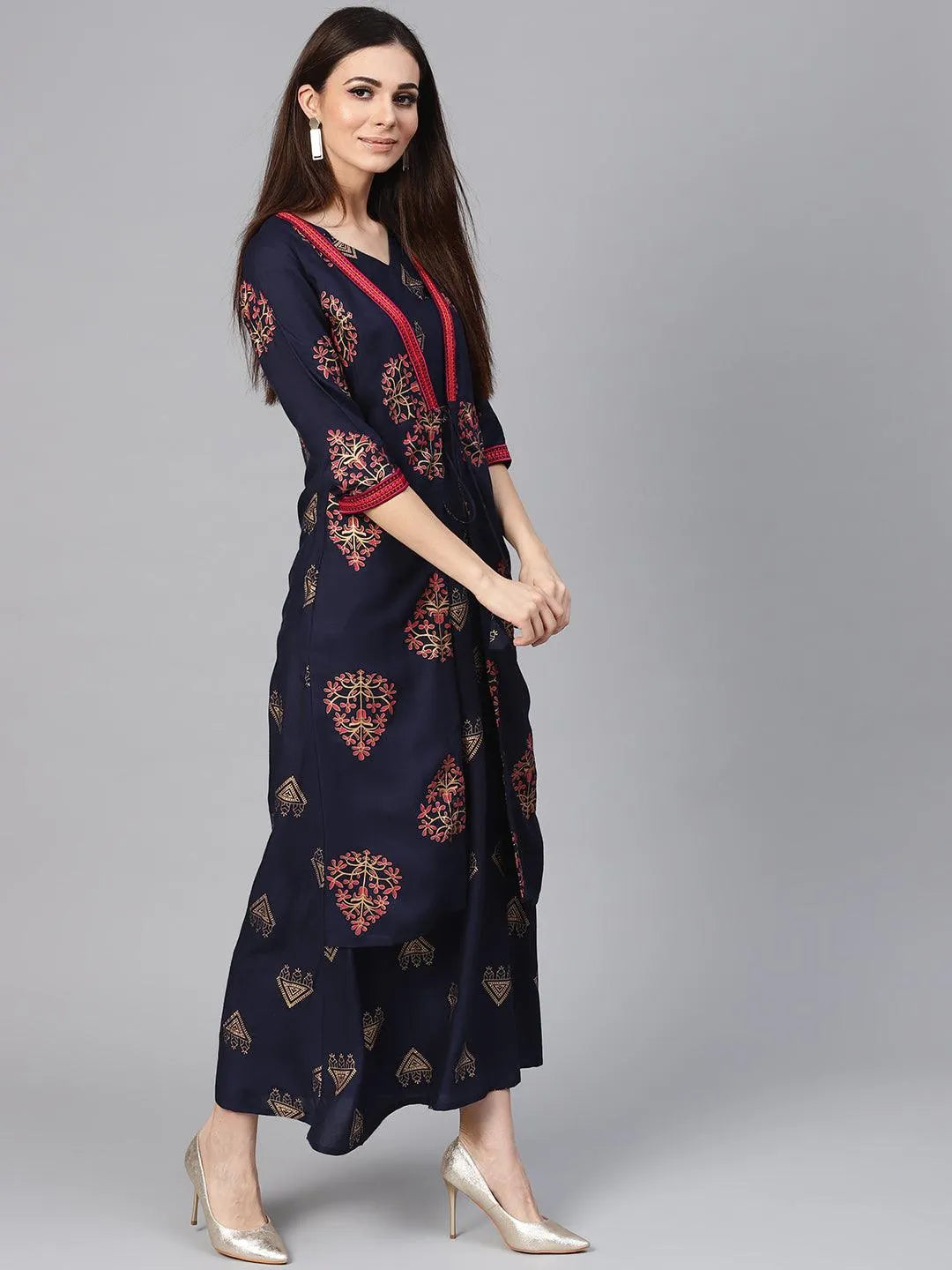 Blue Printed Rayon Dress With Jacket - Libas 