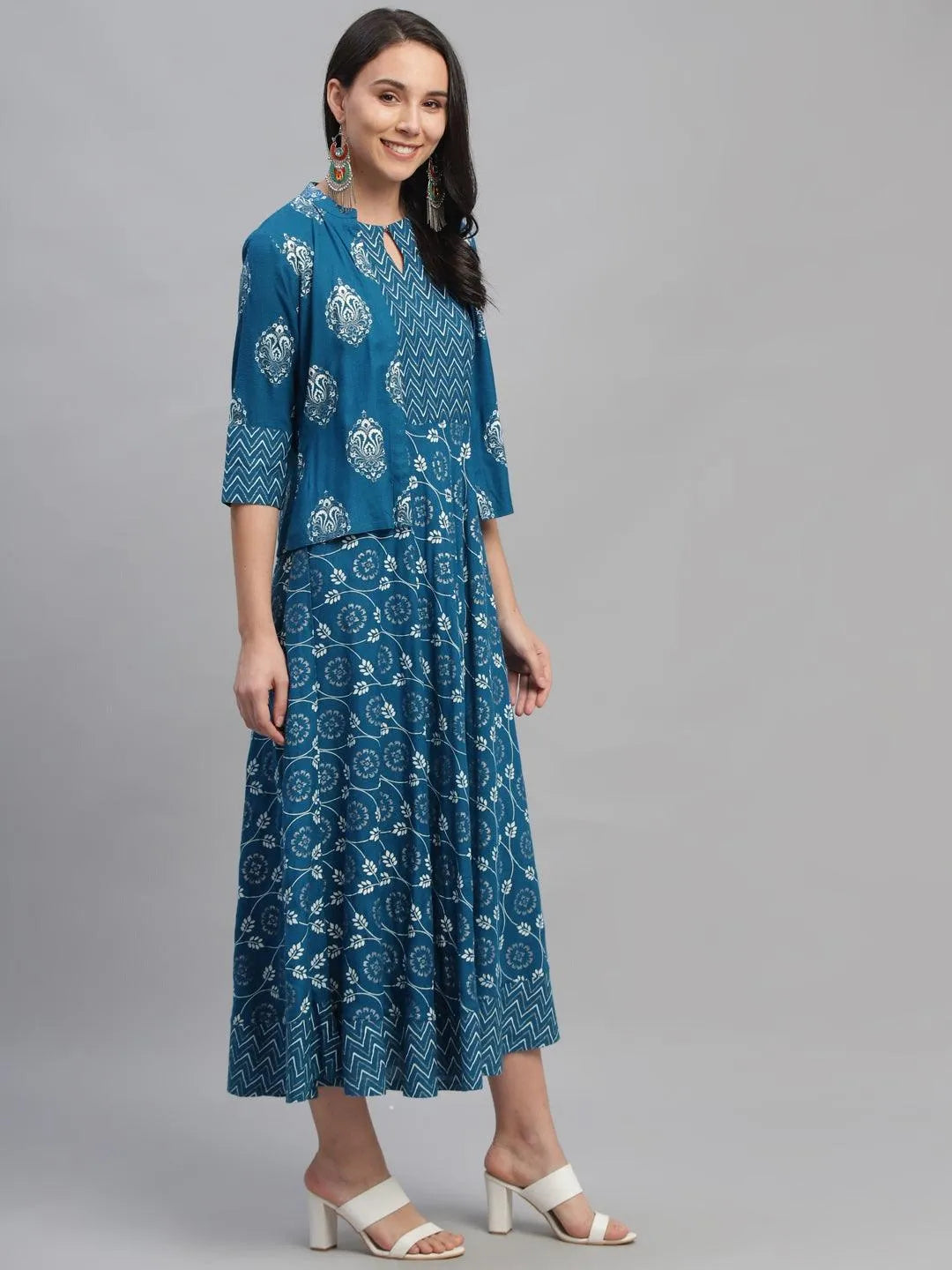 Blue Printed Rayon Dress With Jacket - Libas