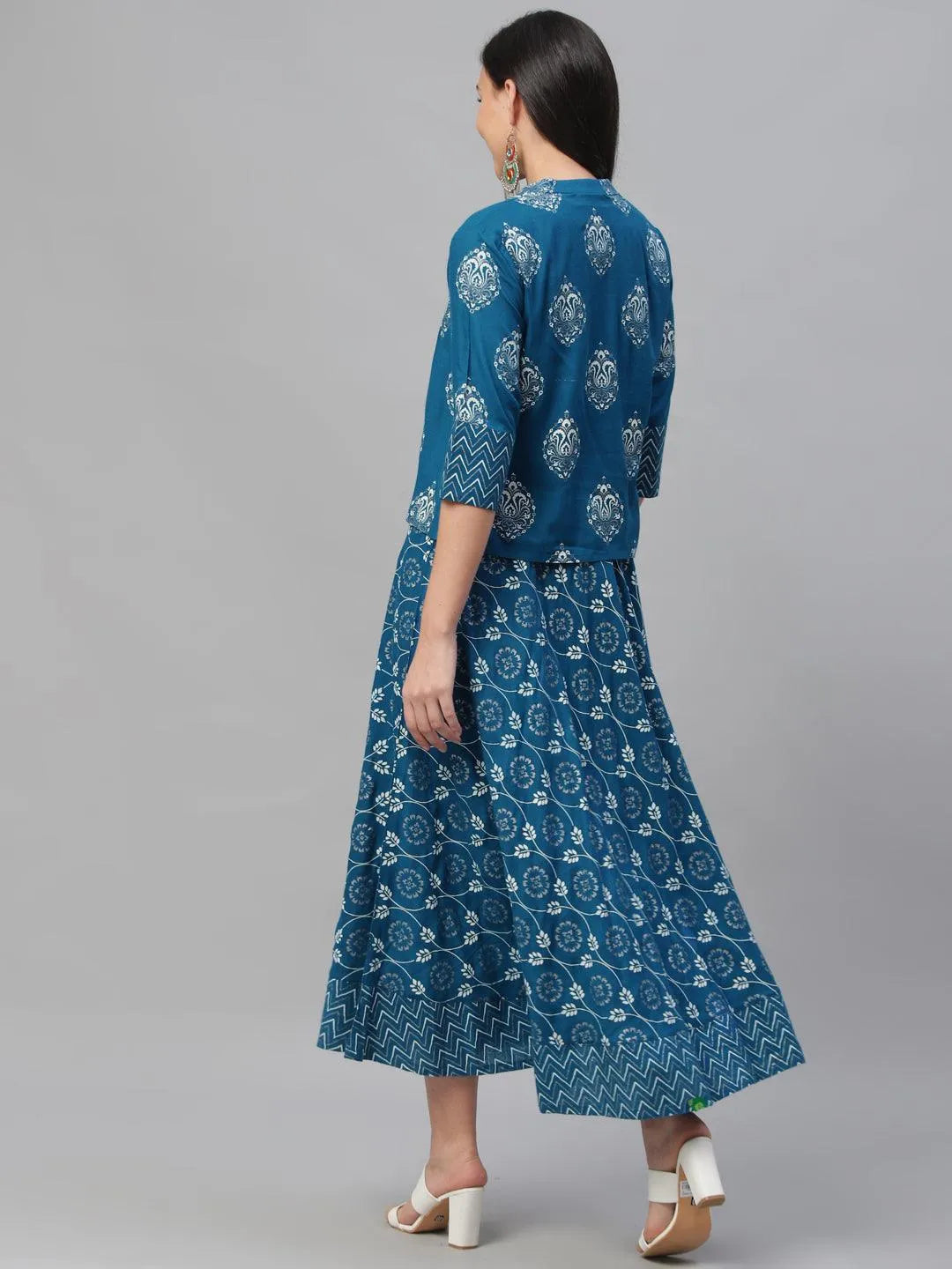 Blue Printed Rayon Dress With Jacket - Libas 