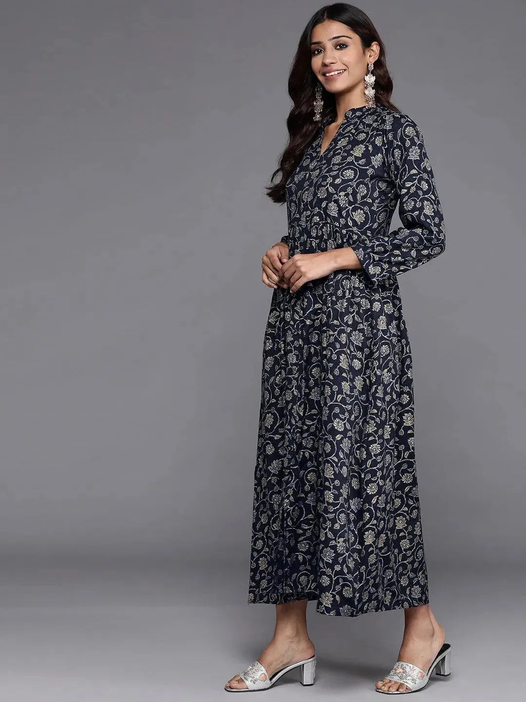 Blue Printed Rayon Fit and Flare Dress - Libas