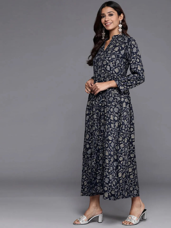 Blue Printed Rayon Fit and Flare Dress - Libas