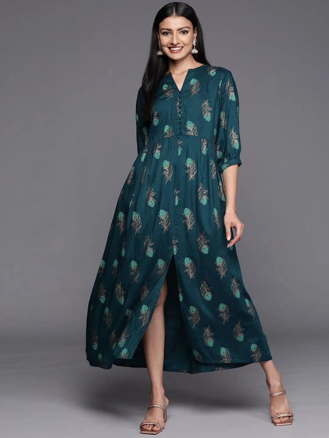 Blue Printed Rayon Fit and Flared Dress - Libas