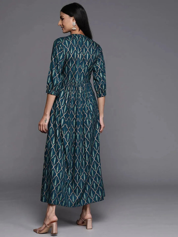 Blue Printed Rayon Fit and Flared Dress - Libas