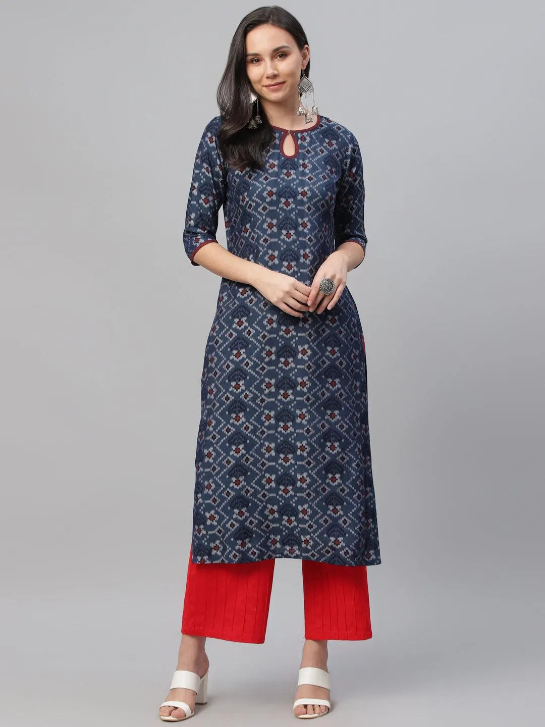 Blue Printed Rayon Kurta - Libas