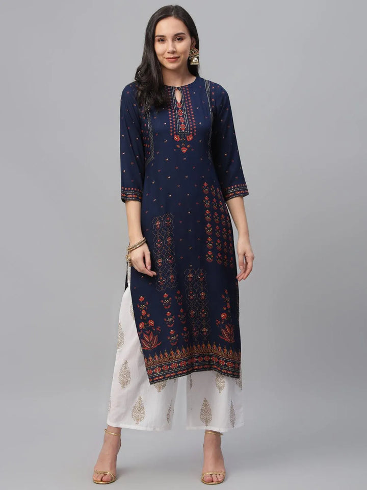 Blue Printed Rayon Kurta - Libas