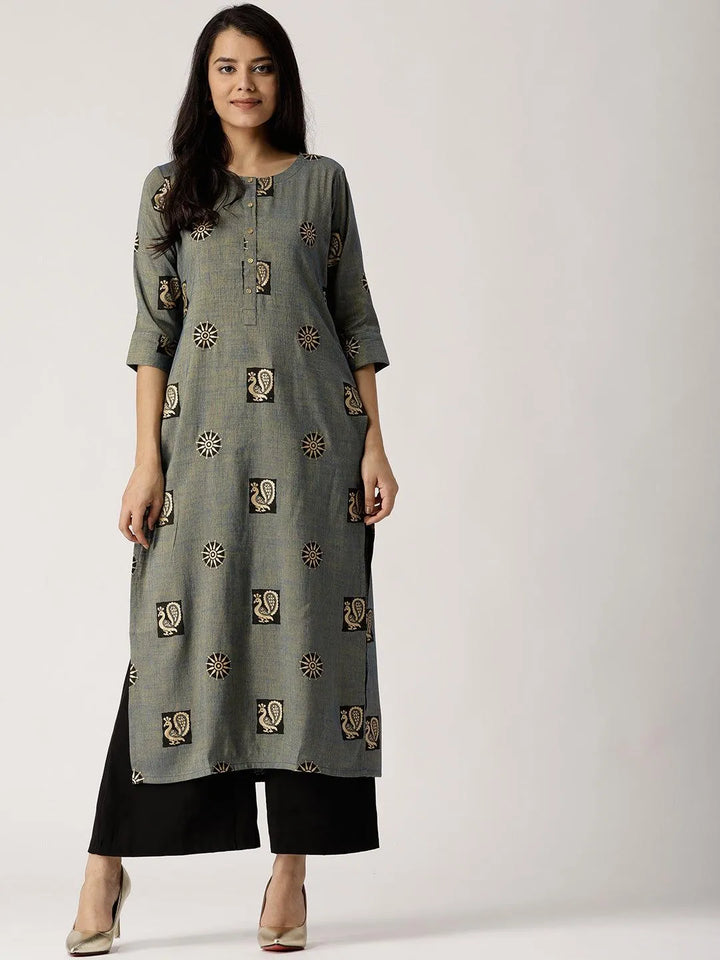 Blue Printed Rayon Kurta - Libas