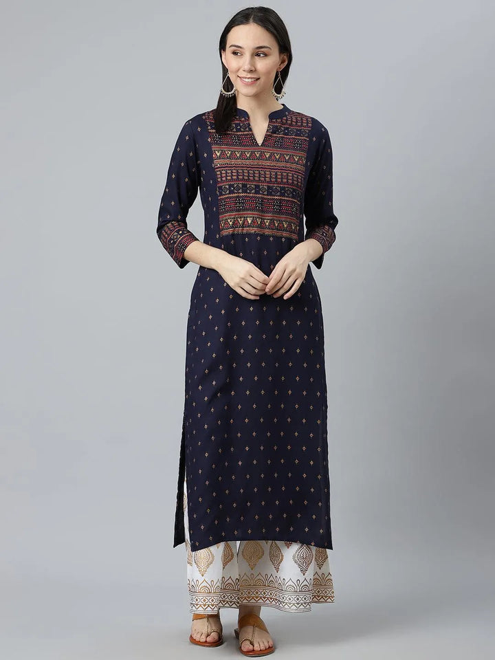 Blue Printed Rayon Kurta - Libas