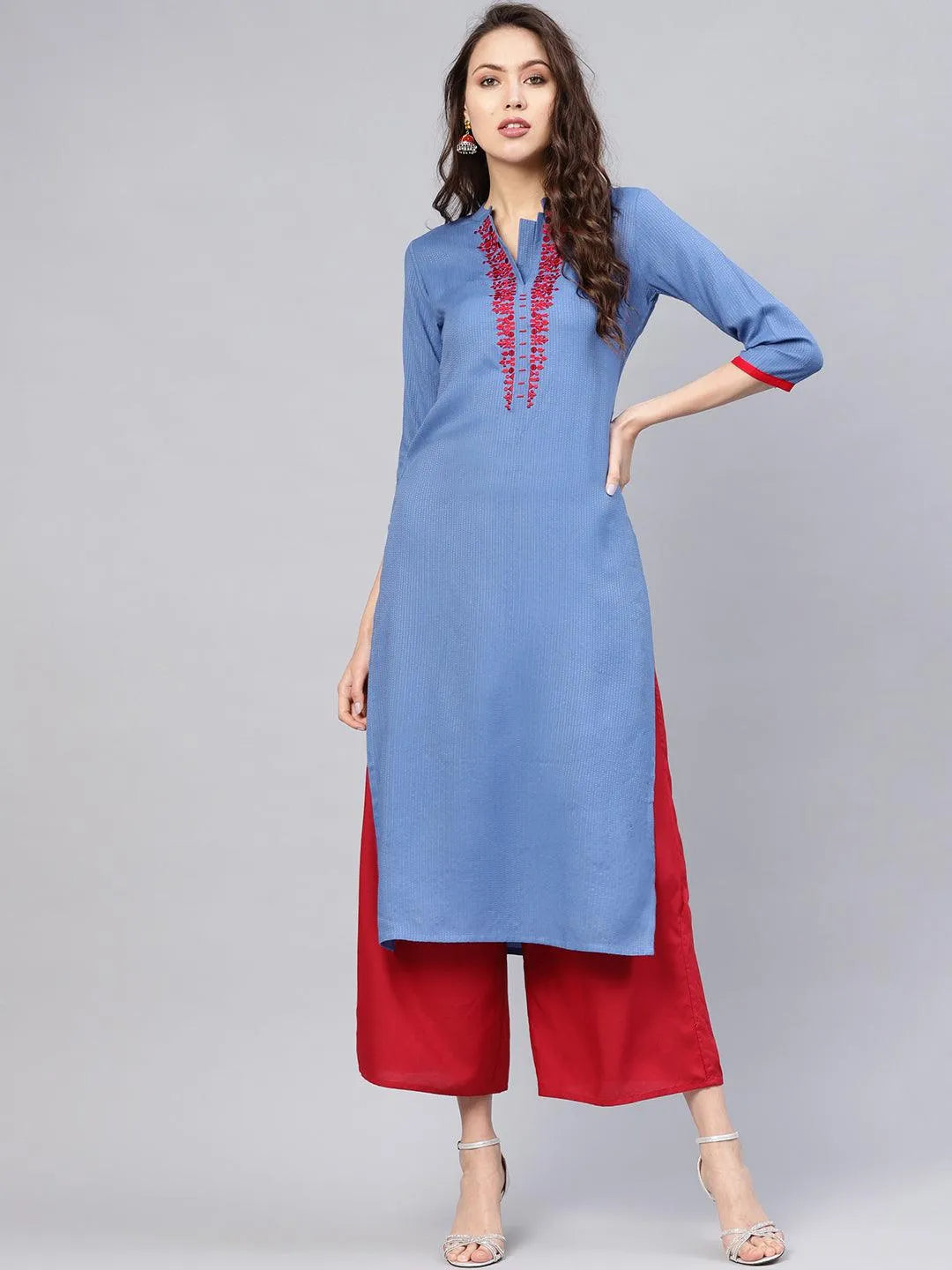 Blue Printed Rayon Kurta - Libas