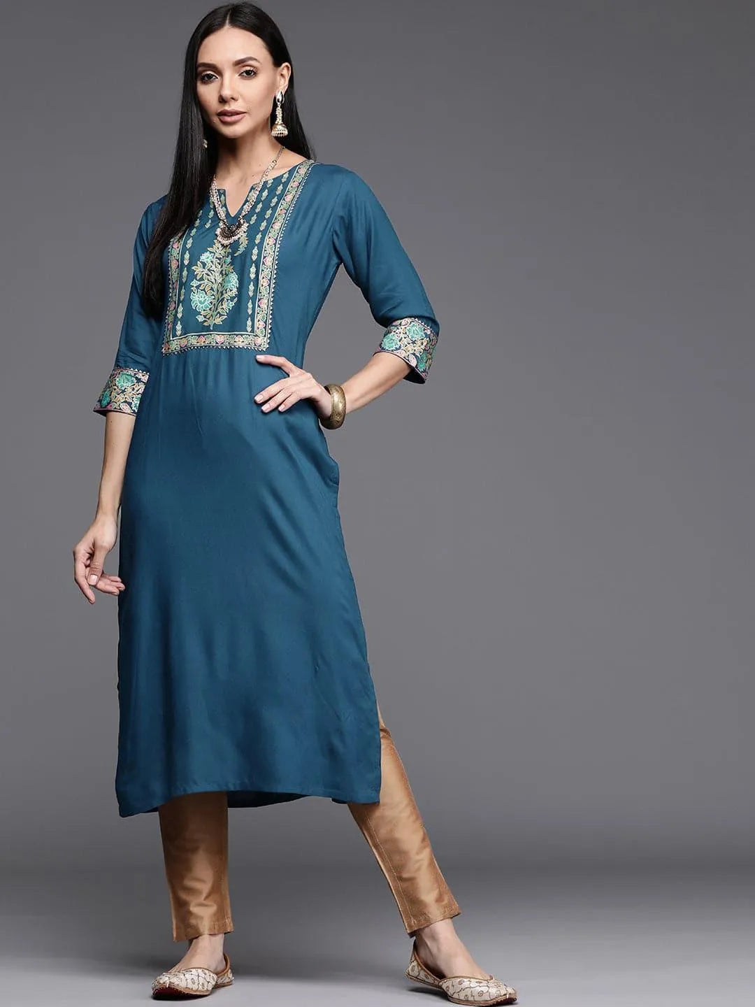 Blue Printed Rayon Kurta - Libas 