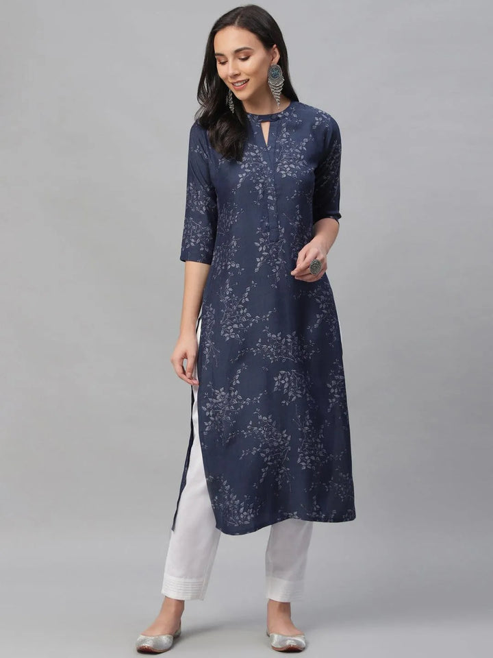 Blue Printed Rayon Kurta - Libas