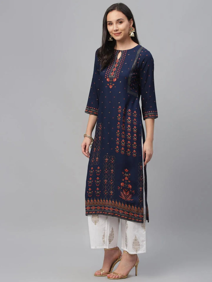 Blue Printed Rayon Kurta - Libas