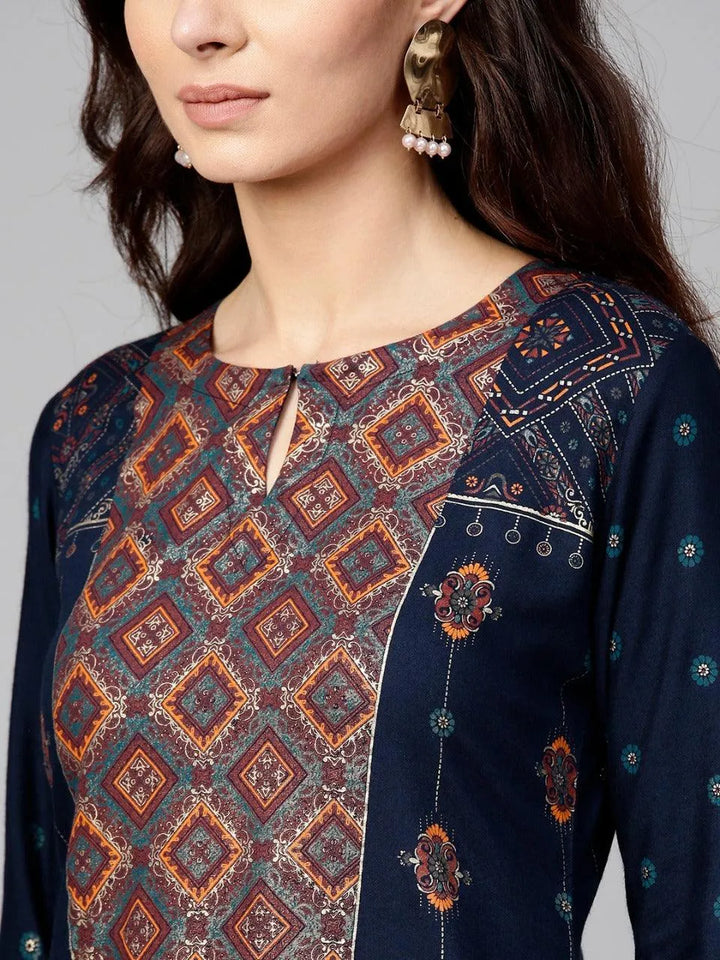 Blue Printed Rayon Kurta - Libas