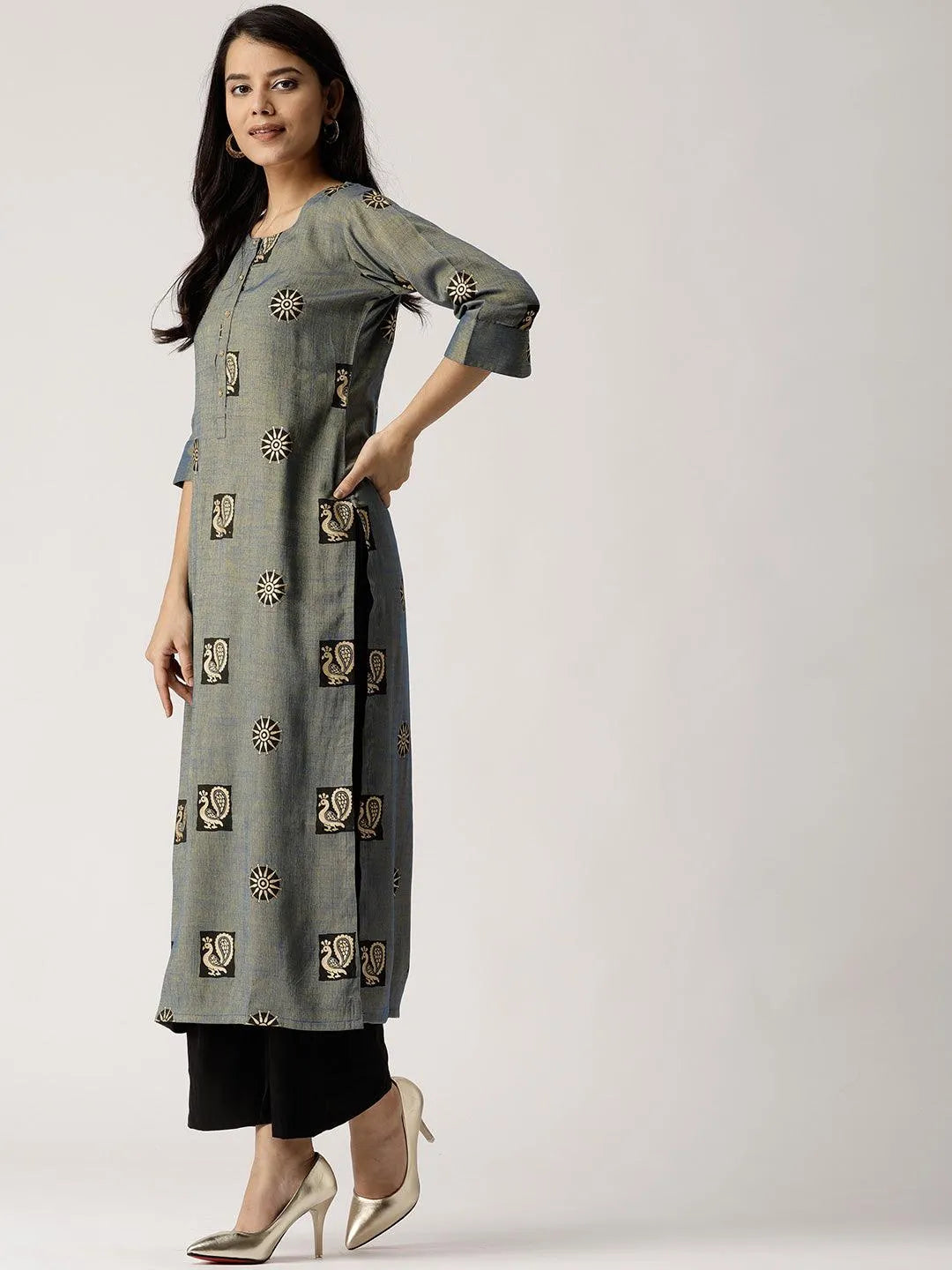 Blue Printed Rayon Kurta - Libas