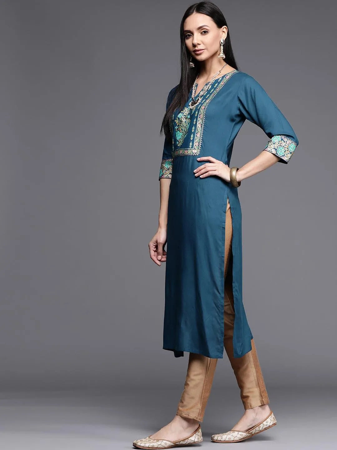 Blue Printed Rayon Kurta - Libas 