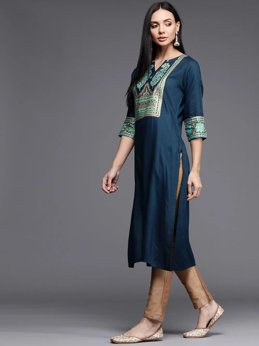 Blue Printed Rayon Kurta - Libas